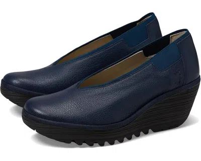 FLY LONDON FLY LONDON YOZA438FLY P501438007 PUMP WOMEN 6-6.5 BLUE LEATHER WEDGE HEEL KHD378