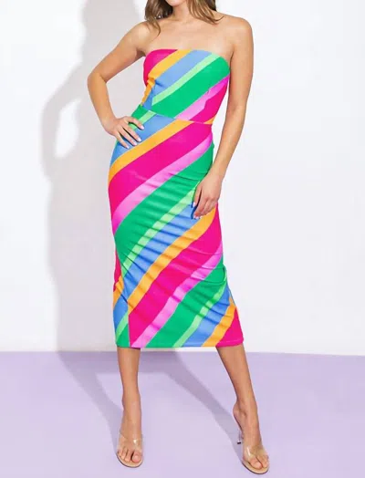 FLYING TOMATO A PRINTED PONTI MIDI TUBE DRESS IN BLUE FUCHSIA