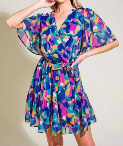 FLYING TOMATO A PRINTED WOVEN MINI DRESS IN NAVY PURPLE