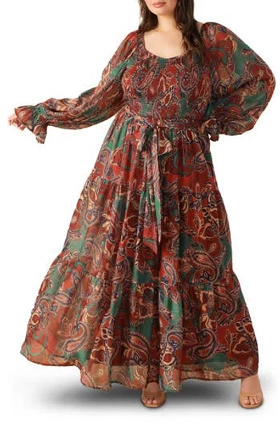 FLYING TOMATO FLYING TOMATO PAISLEY SMOCKED LONG SLEEVE MAXI DRESS