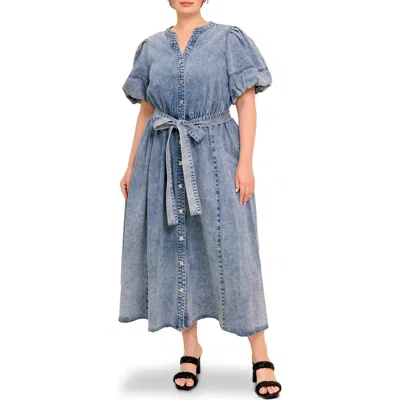 FLYING TOMATO FLYING TOMATO PUFF SLEEVE DENIM MAXI DRESS