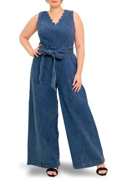 FLYING TOMATO FLYING TOMATO SCALLOP NECK DENIM JUMPSUIT