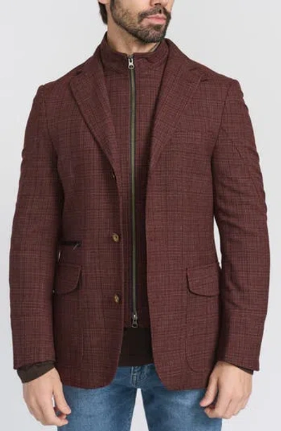 FLYNT FLYNT BURGUNDY PLAID STRETCH WOOL HYBRID SPORT COAT WITH REMOVABLE BIB