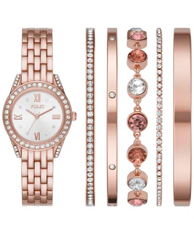 FOLIO WOMEN'S THREE HAND ROSE-GOLD-TONE 31MM WATCH AND BRACELET GIFT SET, 6 PIECES