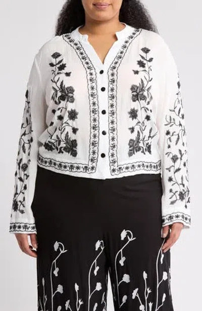 FORGOTTEN GRACE FORGOTTEN GRACE FLORAL EMBROIDERED LONG SLEEVE BUTTON-UP TOP