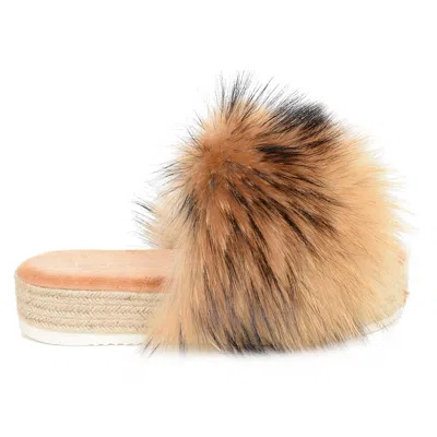 FOX PLATEAU PANTOFFELN MIT RACCOON FELL GEFLOCHTENE SOHLE PLATTFORM PANTOLETTEN