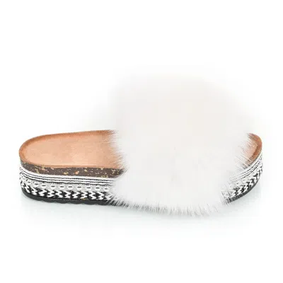 FOX PLATEAU PANTOFFELN MIT WEISS FELL UND NIETEN PLATTFORM SANDALEN PELZ LATSCHEN