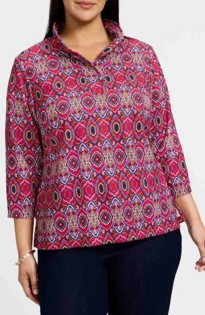 FOXCROFT FOXCROFT TAMMY TILE PRINT RUFFLE COLLAR JERSEY TOP