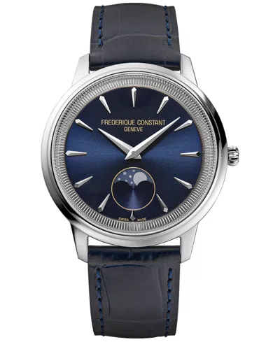 FREDERIQUE CONSTANT MEN'S SWISS MONETA MOONPHASE NAVY LEATHER STRAP WATCH 37MM