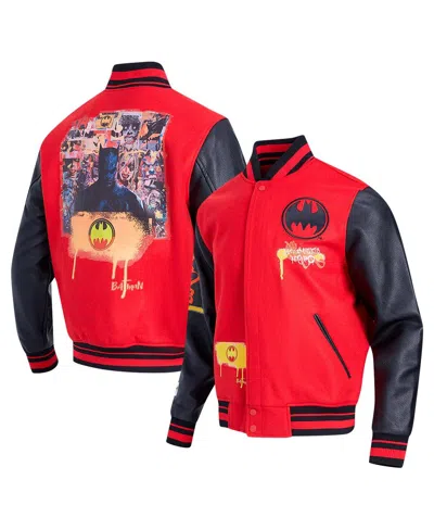 FREEZE MAX MEN'S RED/BLACK BATMAN SPRAY PAINT FULL-ZIP VARSITY JACKET