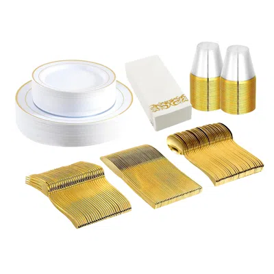 FRESH FAB FINDS 175PCS GOLD DINNERWARE SET PLASTIC PLATES CUPS NAPKINS