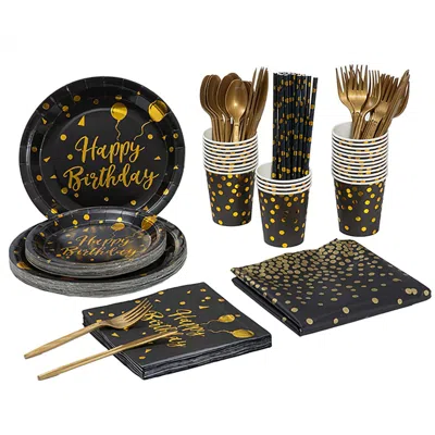 FRESH FAB FINDS 201PCS BLACK GOLD BIRTHDAY PARTY SUPPLIES SET