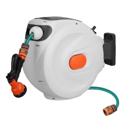 FRESH FAB FINDS RETRACTABLE GARDEN HOSE REEL WITH 8 SPRAYING MODES, WALL MOUNTED