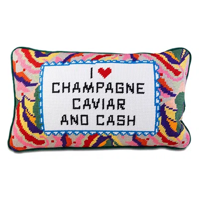 FURBISH STUDIO CHAMPAGNE, CAVIAR AND CASH NEEDLEPOINT DECORATIVE PILLOW