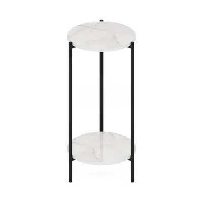 FURINNO BESI 2-TIER MODERN TALL ROUND SIDE END TABLE, MARBLE WHITE