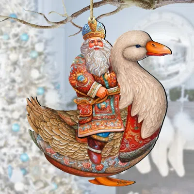 G. DEBREKHT CHARMING SANTA ON GOOSE WOODEN ORNAMENTS BY G. DEBREKHT