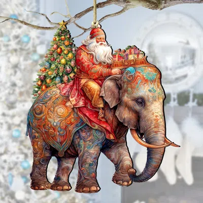 G. DEBREKHT SANTA ON ELEPHANT WOODEN ORNAMENTS BY G. DEBREKHT