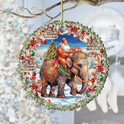 G. DEBREKHT SANTA ON ELEPHANT WREATH WOODEN ORNAMENTS BY G. DEBREKHT