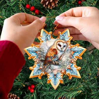 G. DEBREKHT SET OF 2 - SHORT-EARED OWL SNOWFLAKE WOODEN CHRISTMAS ORNAMENTS BY G. DEBREKHT