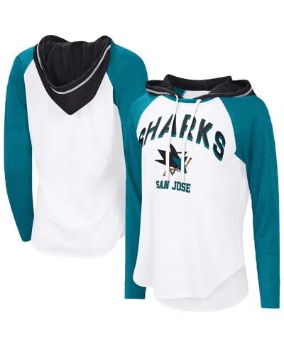 G-III 4HER BY CARL BANKS WOMEN'S WHITE SAN JOSE SHARKS VIP RAGLAN LONG SLEEVE HOODIE T-SHIRT
