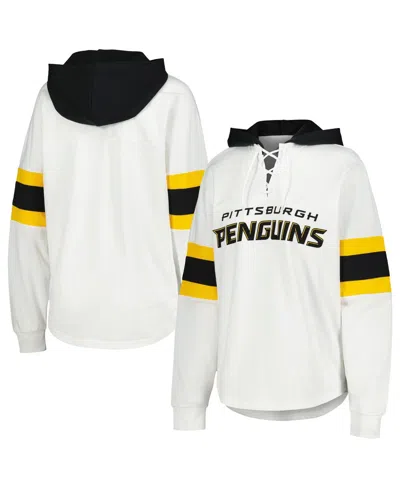 G-III 4HER BY CARL BANKS WOMEN'S WHITE/BLACK PITTSBURGH PENGUINS GOAL ZONE LONG SLEEVE LACE-UP HOODIE T-SHIRT