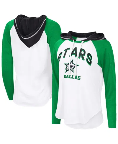 G-III 4HER BY CARL BANKS WOMEN'S WHITE/GREEN DALLAS STARS VIP RAGLAN LONG SLEEVE HOODIE T-SHIRT