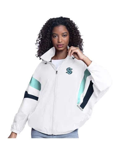 G-III SPORTS BY CARL BANKS WOMEN'S WHITE SEATTLE KRAKEN GAME NEWS OVERSIZED FULL-ZIP HOODIE JACKET