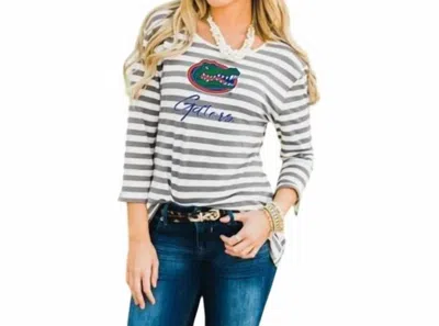 GAMEDAY COUTURE UNIVERSITY OF FLORIDA STAY A WHILE TOP IN WHITE/GREY