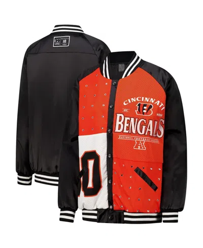 GAMEDAY COUTURE WOMEN'S BLACK/ORANGE CINCINNATI BENGALS OVERSIZED HOT SHOT RHINESTONE THROWBACK FULL-SNAP VARSITY BO
