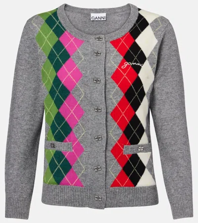 GANNI ARGYLE WOOL AND CASHMERE CARDIGAN