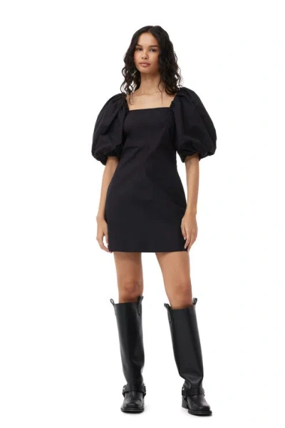 GANNI BLACK COTTON POPLIN PUFF SLEEVE MINI DRESS SIZE 6 WOMEN'S