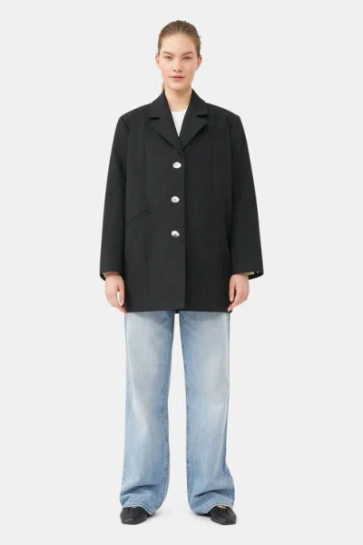 GANNI GANNI BLACK COTTON SUITING OVERSIZED BLAZER - SIZE XXS/XS ORGANIC