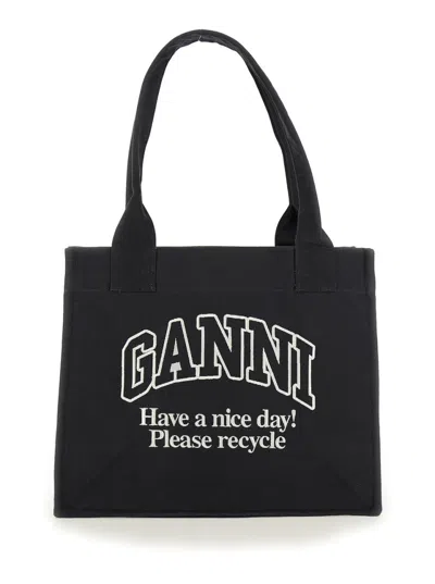 GANNI WOMEN BLACK LOGO EMBROIDERED CANVAS TOTE BAG, ONESIZE LUXURY TOTES FOR WOMEN DARVEYS
