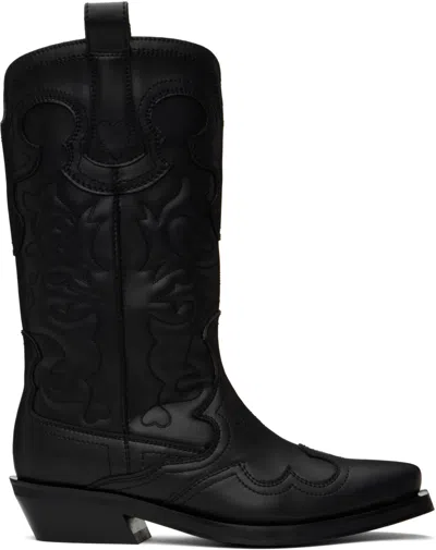 GANNI BLACK MID SHAFT EMBROIDERED WESTERN BOOTS