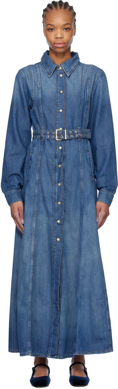 GANNI BLUE BELTED DENIM MAXI DRESS