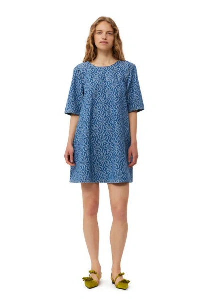 GANNI BLUE JACQUARD DENIM A-LINE MINI DRESS
