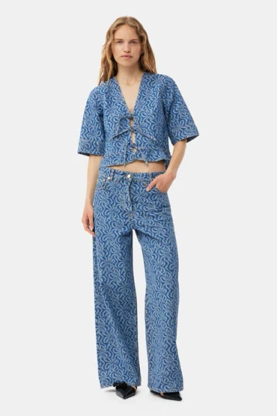 GANNI BLUE JACQUARD DENIM WIDE TROUSERS
