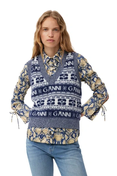 GANNI GANNI BLUE LOGO WOOL MIX VEST - SIZE XXS NAVY