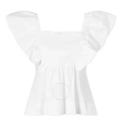 GANNI GANNI BRIGHT WHITE COTTON POPLIN RUFFLE BLOUSE