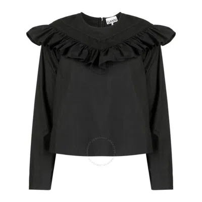 GANNI GANNI COTTON POPLIN FRILL BLOUSE IN BLACK