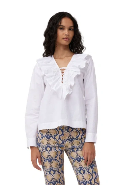 GANNI COTTONPOPLIN RUFFLE V-NECK BLOUSE
