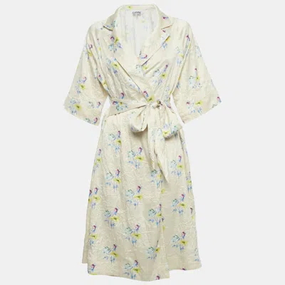 GANNI CREAM FLORAL PRINT SATIN CRINKLED WRAP DRESS M