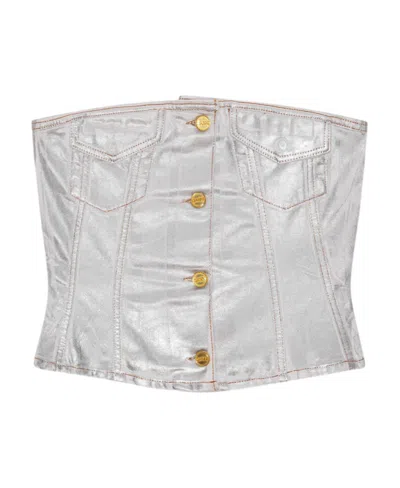 GANNI GANNI OFF-THE-SHOULDER FOIL DENIM TOP