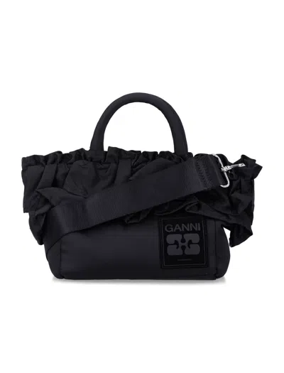 GANNI GANNI GANNI BLACK NYLON RUFFLED TOP HANDLE BAG