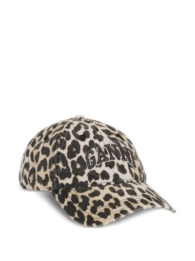GANNI WOMEN LEOPARD PRINT LOGO CANVAS BASEBALL CAP, ONESIZE LUXURY HATS FOR WOMEN DARVEYS