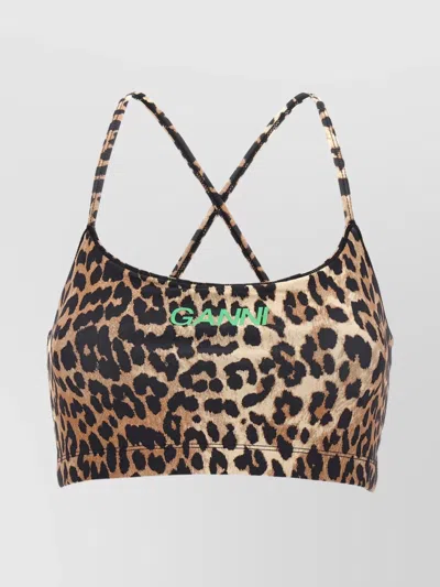 GANNI LEOPARD PRINT SPORTS TOP WITH CROSS-BACK STRAPS
