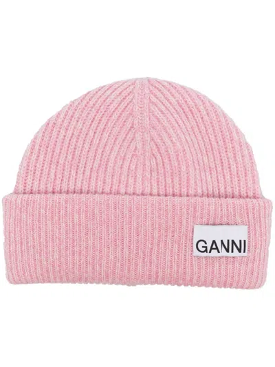 GANNI LOGO-PATCH INTARSIA-KNIT BEANIE