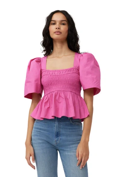 GANNI PINK COTTONPOPLIN OPEN-NECK SMOCK BLOUSE