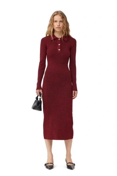 GANNI RED MELANGE RIB POLO DRESS