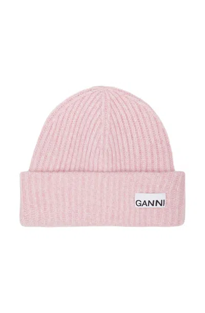 GANNI GANNI RIBBED BEANIE HAT IN PINK RECYCLED WOOL/POLY